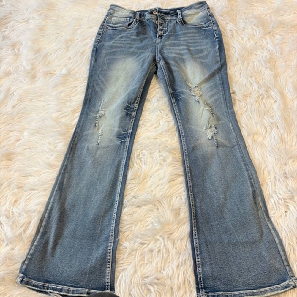 Flamingals light wash flared leg stretchy denim jeans size L CC13-11